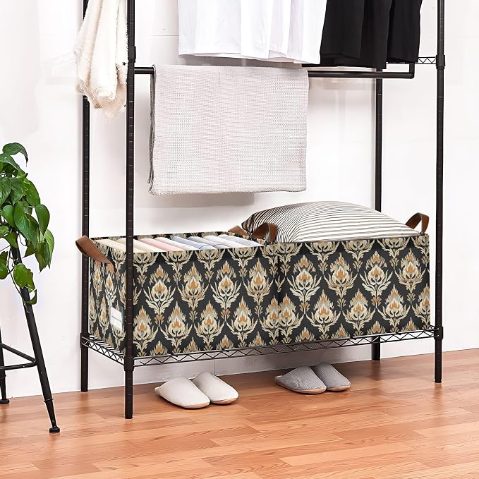 Ethnic Floral Pattern Black Yellow Block Storage Bins for Shelves with Labels&Handles Fabric Organizer Bin Foldable Rectangle Storage Basket Boxes for Closet, Bathroom, Home, Living Room