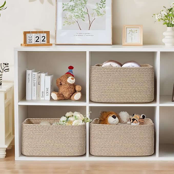 2 Pack Large Storage Basket for Organizing, 17.5"x13"x7" Woven Basket for Shelves, Closet Cube Storage Bins with Wrapped Handle, Cotton Rope Baskets for Kitchen, Clothes, Toys (Natural)