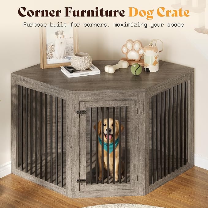 AMERLIFE Corner Dog Crate Furniture for Medium/Large Dogs Space-Saving | 3-in-1 Dog Kennel with Storage and Divider, Heavy Duty Large Cage, Grey