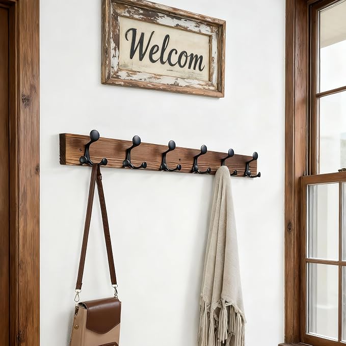 SKOLOO 36-Inch Wood Coat Rack Wall Mount with 6 Triple Hooks, Pine Material, Charred Golden Brown Finish, Ideal for Family Entrances, Classrooms, and Pet Supplies Storage, Pack of 2