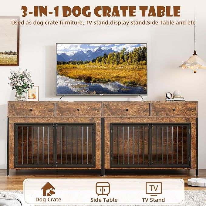 LEMBERI 44 Inch Large Dog Crate Furniture with Storage Drawers, Wooden Dog Kennel Furniture as TV Stand, Decorative Pet Cage Dog House Indoor for Dogs, Brown 2 Pack