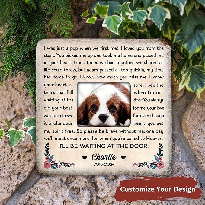 Wrappiness Pet Memorial Stone - I Will Be Waiting at Door, Personalized Dog Memorial Gifts, Remembrance Condolences Bereavement Gifts for Loss of Pet Custom Photo (Square 02, Stone)