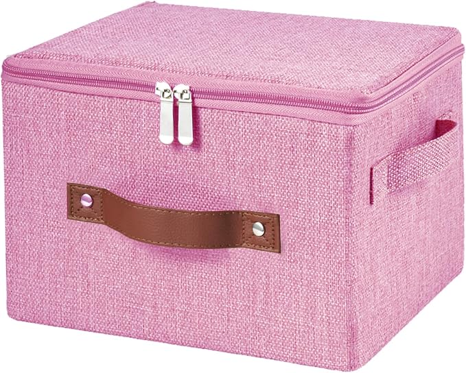 Storage Bins with Zipper Lid Decorative Lidded Storage Boxes | Collapsible Cotton Linen Fabric Storage Baskets, PU Leather Handle, Stackable Shelves Closet Organizer Container(Pink, Small)
