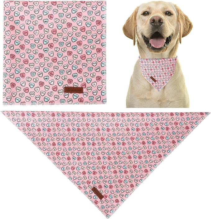 Valentine Dog Bandana - Pink Heart Triangle Bid Scarf for Small & Medium Dogs, Cotton Kerchief for Girls & Boys, Red & Adorable Puppy Bandana