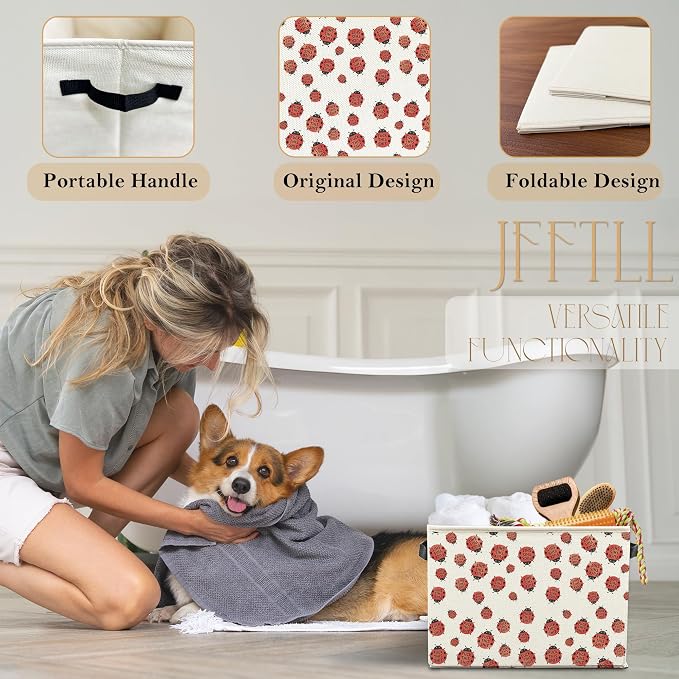 Funny Ladybugs Storage Bins with Handles, Ladybug Decor, Red and White Ladybird Collapsible Laundry Basket Storage Box for Home Bedroom Bathroom Clothes Toys Books