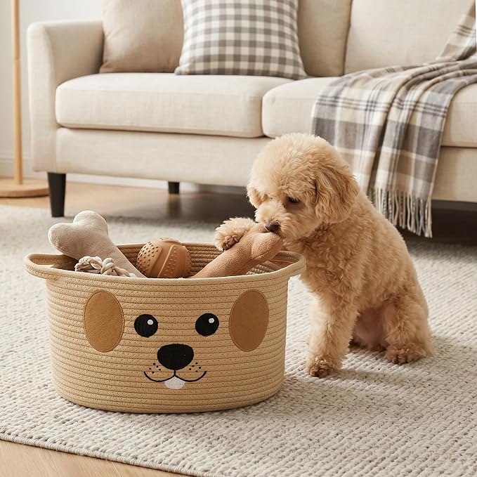 Woven Dog Toy Basket, Cute Dog Toy Bin with Embroidered Face, Soft Cotton Rope Puppy Storage Box Holder for Living Room, Decorative Pet Stuff Organizer, Puppy Room Decor Basket, 15"x11"x9"