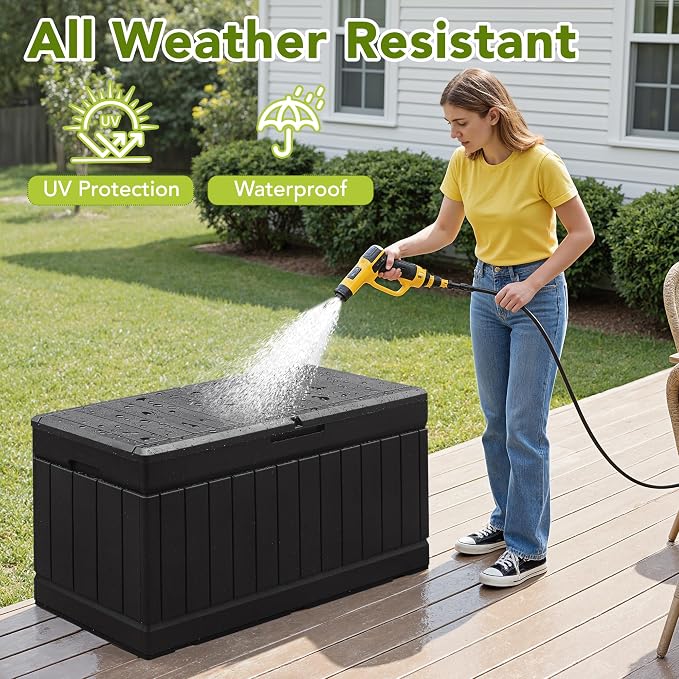 Devoko 78 Gallon Deck Box, Waterproof Resin Outdoor Storage Box | Outdoor Storage Bench Lockable for Outside and Patio Furniture, Garden Tools and Pool Supplies