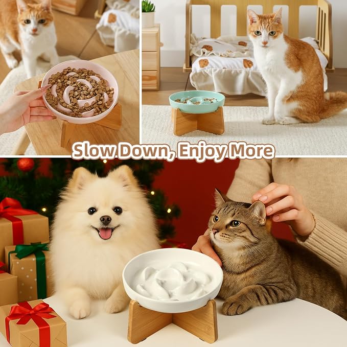 Elevated Cat Bowl Stand - Bamboo Base for Cat Dish - Non-Slip Pet Feeding Holder - Anti-Vomit & Stress-Free - Bowl Not Included