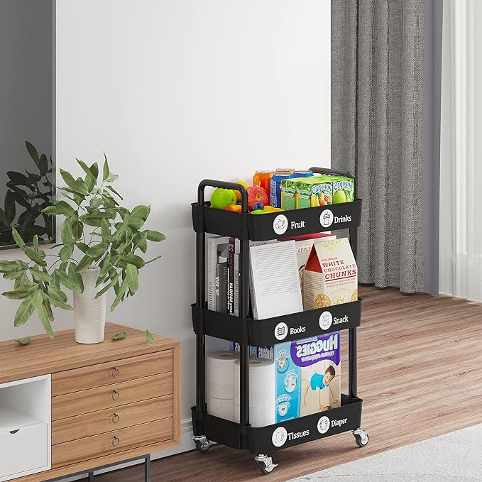 Laiensia 3-Tier Storage Carts,Multifunction Utility Rolling Cart Kitchen Storage Organizer,Mobile Shelving Unit Cart with Lockable Wheels for Bathroom,Laundry,Living Room,With Classified Sticker,Black