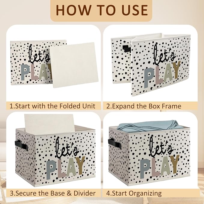 Boho Nursery Playroom Foldable Storage Bins Box with Handles, Kids Playroom Let's Play Polka Dot Decorative Storage Boxes Baskets Toybox Organizer for Kids Boy Girl Nursery Room Bedroom