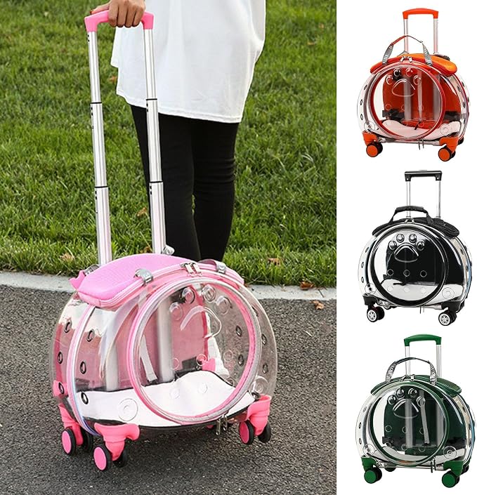 Pet Trolley Case with Ventilation Holes, Pet Carrier,Pet Rolling Carrier,Clear Window Pet Trolley Case,Pet Strollers for Small Dogs,Cat Carrier with Silent Wheels Telescopic for Travel Pink