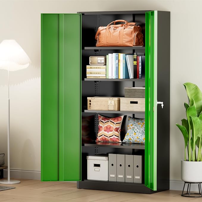 Greenvelly Metal Storage Cabinet with Doors and Shelves, 72" Inch Locking Metal Cabinet,Garage Storage Cabinet for Garage Office School Warehouse (Black Green)