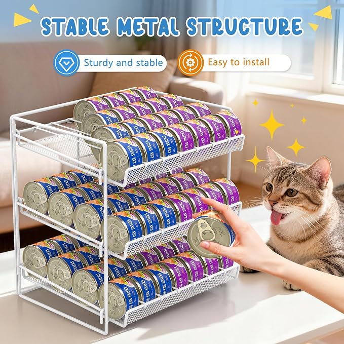 Cat Food Can Organizer 3-Tier Can Organizer for Pantry 84 Cans 3.5oz | White metal 3-tier cat food can organizer,Holds 84 cans 3.5oz,Adjustable pantry countertop storage for kitchen cabinet