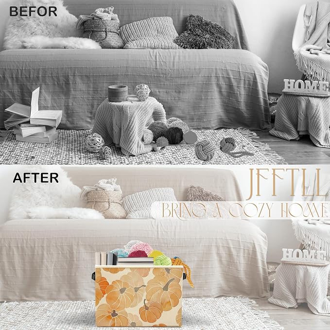 Fall Pumpkin Storage Bins with Handles, Fall Room Decor, Rustic Farmhouse Autumn Harvest Pumpkins Collapsible Laundry Basket Storage Box for Home Bedroom Bathroom Clothes Toys Books
