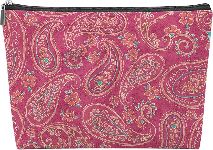 Preppy Hot Pink Paisley Empty Mahjong Tile Bag 13x7.8 Inch, | Boho Floral Printed Portable Travel Case Organizer Zipper Pouch for American Mahjong Tiles Game Night Accessories and Gifts