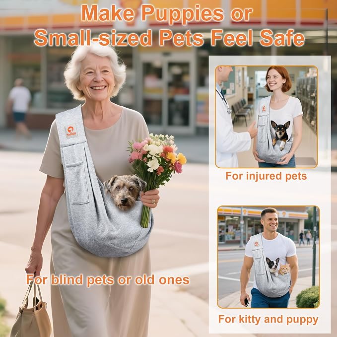 Tomkas Small Dog Cat Sling Carrier Puppy Purse Travel Wrap Soft Crossbody Pet Bag (Gray, M - Classic Pocket & Classic Strap)