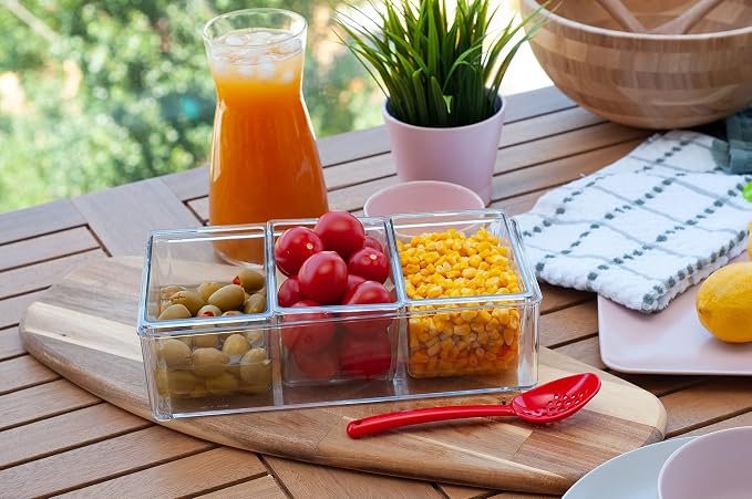 Pikanty Condiment Server Tray with 3 Removable Containers and Lids - Compact Sundae Bar, Taco Night, Dip Tray, Kids Snack Station Organizer with Carry Handles, Dishwasher Safe, Made in USA