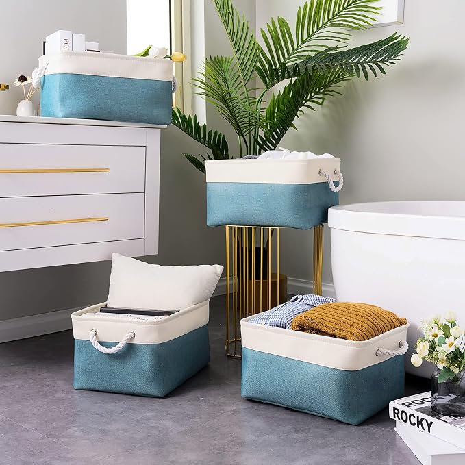 Fabric Storage Bin with Handles,Storage Basket for Home Storage and Organization, Shelf Basket with Cover for Living Room Bedroom Closet（White & Green Large,15.7L*11.8W*8.3H