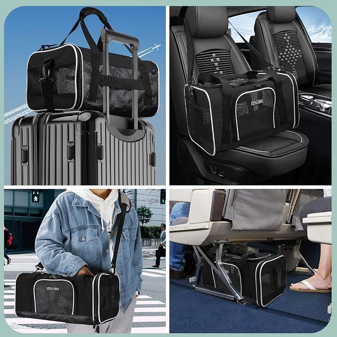 Small Pet Carrier 18" L x 13" W x 9.5" H Airline Approved, Black | for Southwest Airlines, Lockable Safety Zippers and Anti-Scratch Mesh, Pets Under 10 lbs