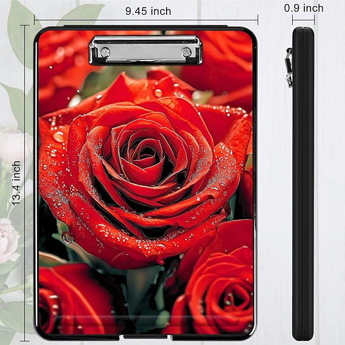 Heavy Duty Storage Clipboard, Slim Nursing Clipboard with Internal Pen Case, Portable File Organizer Case for A4 Letter Size Paper Office Medical Professionals, Red Rose