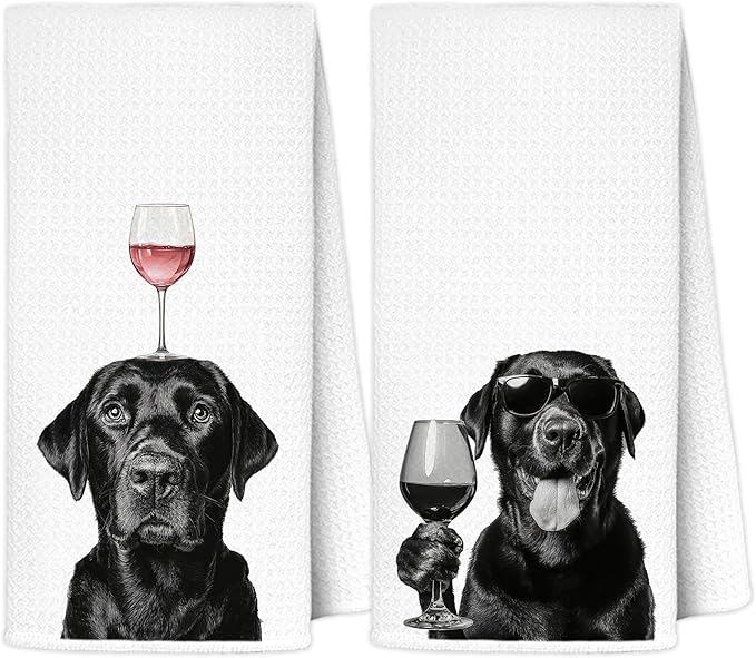 Funny Black Labrador Retriever Wine Kitchen Towels 16x24 Inch, Black Lab Gifts Decorative Hand Towels for Kitchen Home Bar, Wine Lover Gifts Dish Tea Towel Drying Cloth