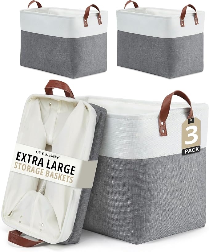DECOMOMO Fabric Storage Bins, Extra Large Storage Baskets with Handles | 3 Pack Storage Baskets for Shelves, Laundry, Toys, Nursery (Slate Grey & White)