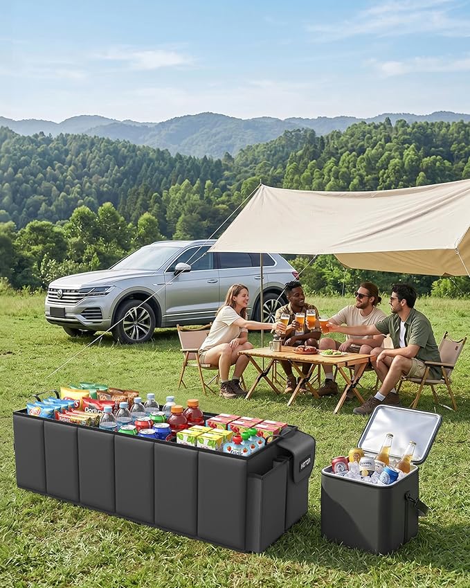HOTOR Trunk Organizer, Sturdy Foldable with Cooler for Car, Sudan & SUV | Car Organizers and Storage, Detachable Cooler Bag, for Tools, Camping, 6 Compartments, Black, 34.8” x 15.9” x 11.6”