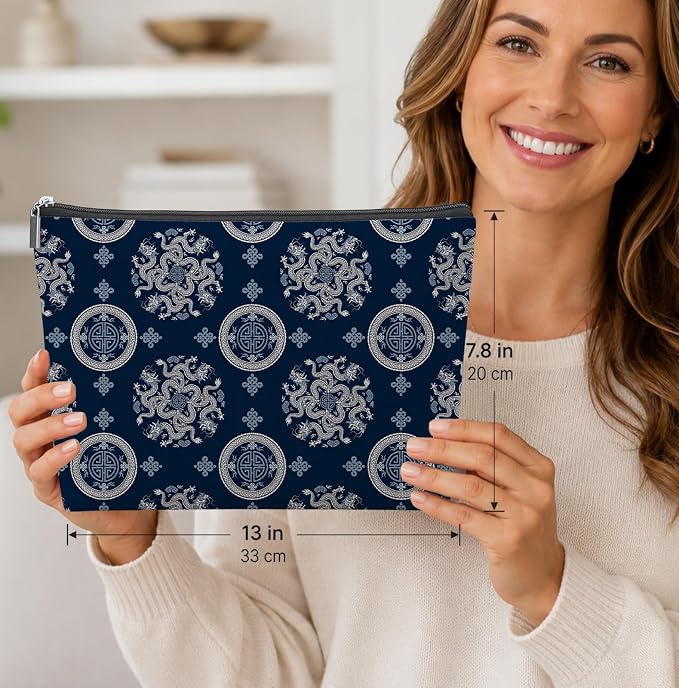 Navy Blue Chinoiserie Empty Mahjong Tile Bag 13x7.8 Inch | Traditional Dragon Portable Travel Case Organizer Zipper Pouch for American Mahjong Tiles Game Night Accessories and Gifts