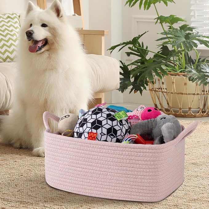 OIAHOMY Woven Basket, Gift Basket Empty with Gift Bags and Ribbons, Rope Baskets for Baby Showers, Storage Baskets with Handles for Nursery, Pet Toy Organizer - Mixed Pink