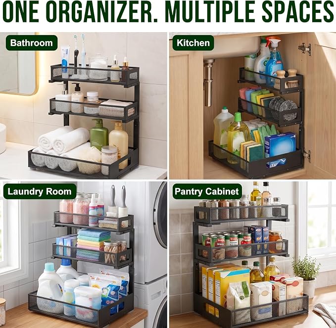 3 Tier Under Sink Organizer,1 Pack Pull Out Cabinet Shelves with Adjustable Height,Heavy Duty Carbon Steel L-Shaped Storage for Kitchen Bathroom Sink,Pantry & Laundry,Black
