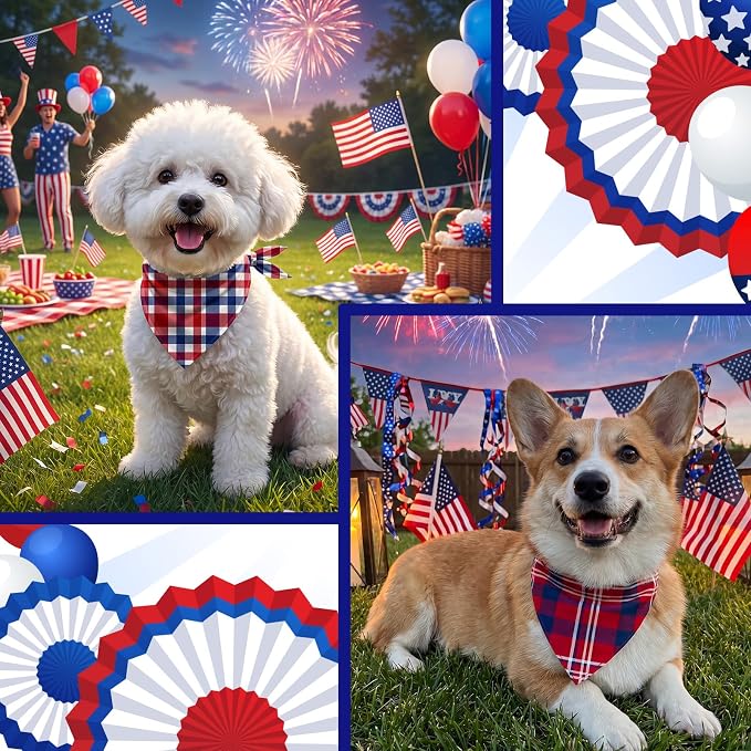 Abbylike 50 Pcs Patriotic Dog Bandanas Bulk, Red White & Blue Plaid