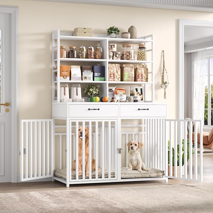 Keyluv 71''H x 47.2''W Large Dog Crate Furniture with 4-Tier Shelves and 2 Storage Drawers, Heavy Duty Dog Cage Furniture with 2 Doors, Wood & Metal Dog Kennel Indoor for Small/Medium/Large Dog, White