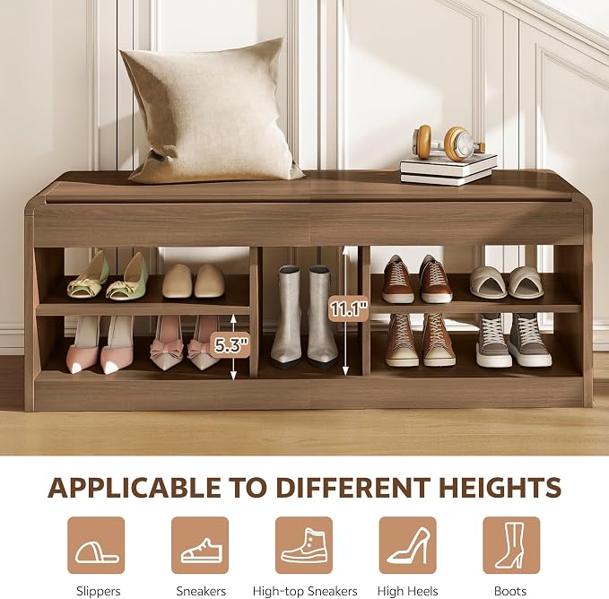 Shoe Storage Bench with Flip-Open Box & Shelf, Walnut | 47.2in Bench Fits Hallways, Bedrooms And Living Room, With Sturdy Wood Construction For Daily Use