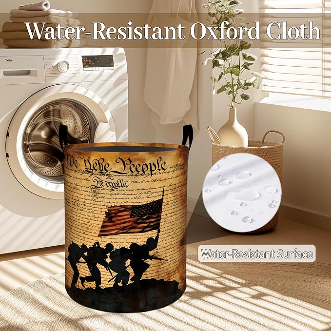Soldier Silhouette Laundry Basket, Patriotic Foldable Oxford Cloth, Waterproof Dirty Clothes Hamper with Handles, Clothing Storage Bin Toy Organizer for Bedroom Dorm Bathroom, 19.7"x15.7"