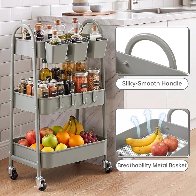 danpinera 3-Tier Rolling Cart, Metal Rolling Storage Cart with Lockable Wheels & Hanging Cups & Hooks, Mobile Trolley Cart for Kitchen, Bathroom, Office, Workshop, Gray