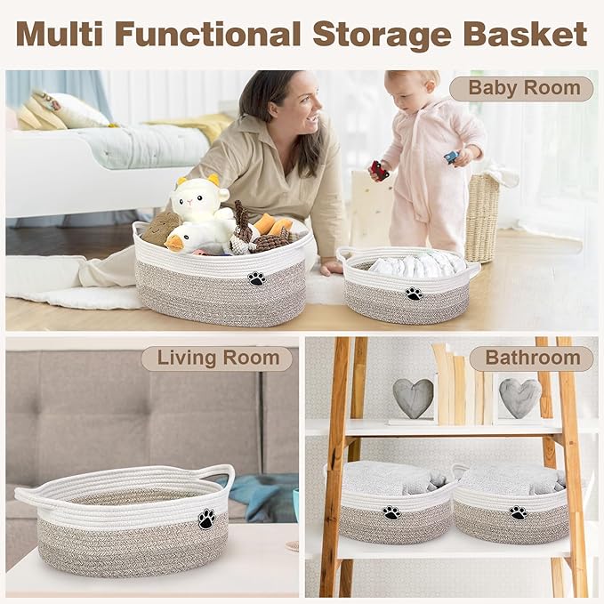 Optish Dog Toy Basket, Toy Box and Bin for Dog Cat Storage, 13.5" X 11" X 5" Small Woven Rope Basket for Baby Storage, Closet, Living Room, White & Brown