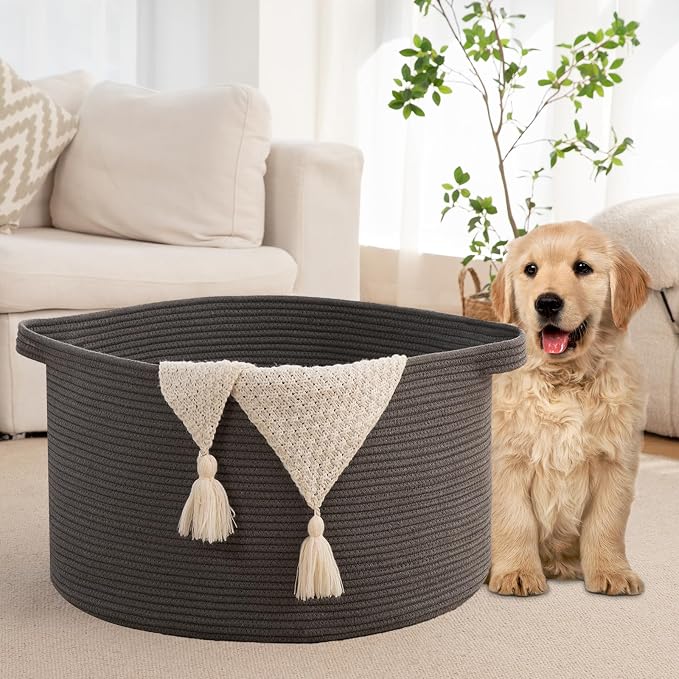 OIAHOMY 105L Extra Large Blanket Basket - Decorative Cotton Rope Storage Basket for Bedroom, Living Room & Nursery - Woven Laundry Hamper for Organizing Blankets, Clothes & Toys - Grey