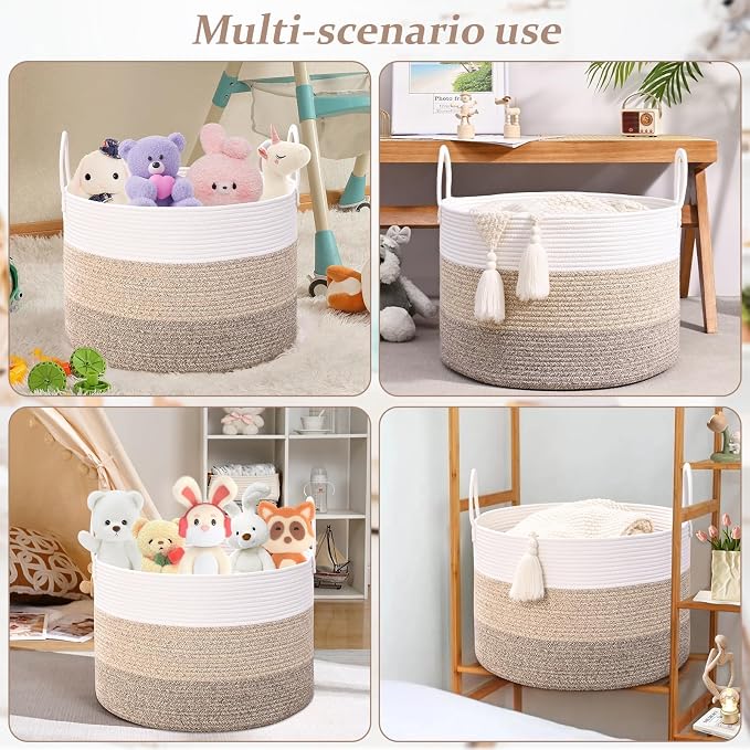67L Large Woven Blanket Basket, Cotton Rope Baby Laundry Hamper with Handles, Kids Toy Basket for Classroom & Nursery, Soft Round Stuffed Animal Storage, Dog Toy Bin - 20"x13", Jute