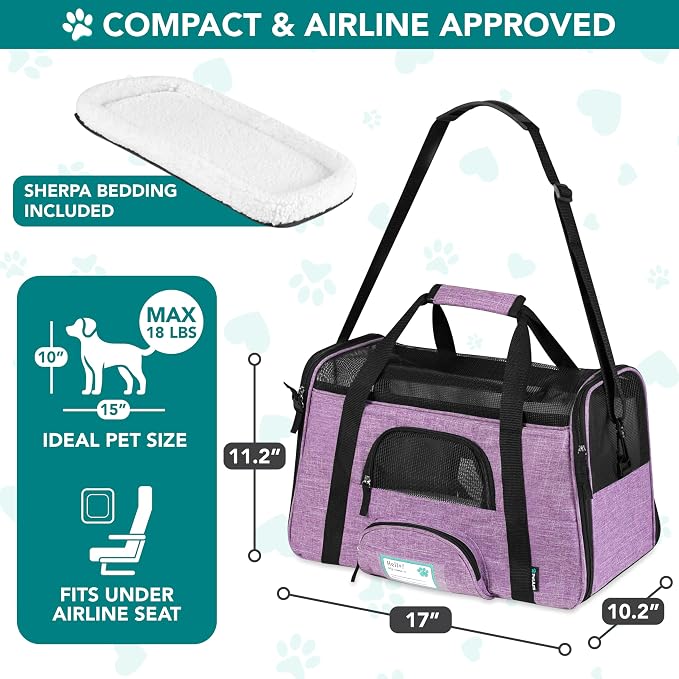 PetAmi Airline Approved Pet Carrier Cats & Small Dogs, Small Heather Purple | Soft Sided TSA Travel Bag, Sherpa Bed, Breathable Mesh Ventilation, Collapsible Bowl, Fits Under Seat, Up to 18 lbs