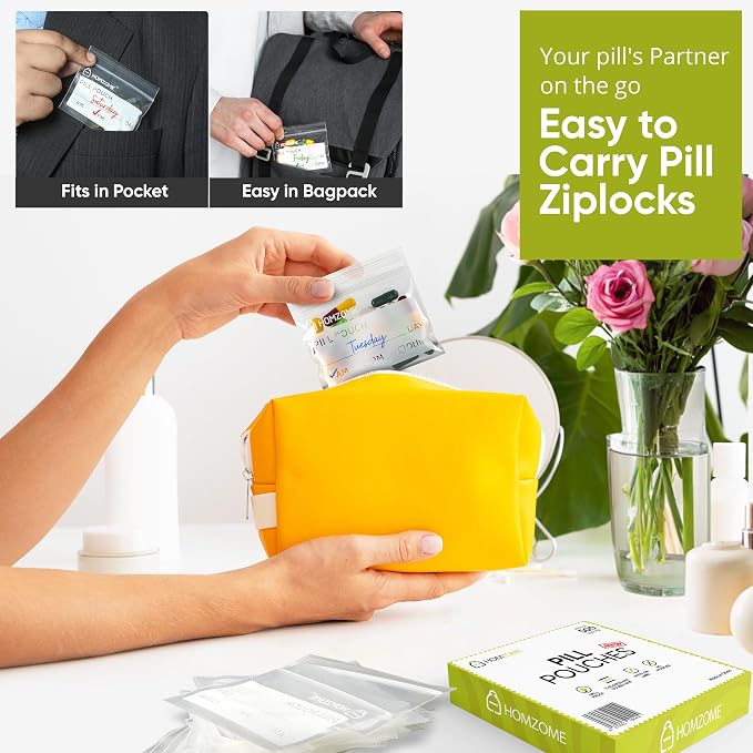 Homezome Pill Pouch Bags 6 mil Pack of 500- BPA Free 3x2.75 inches Reusable Pill Pouches for Medicine with Write on Label Clear Small ziplock Bags for Pills, Jewelry and Travel Pill Organizer