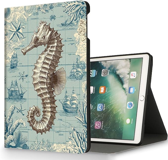 for Microsoft Surface Pro 7 Plus,Surface Pro 7/6/5/4 12.3" Tablet Case,Auto Wake/Sleep,Adjustable Stand Protective Cover - Vintage Seahorse Nautical