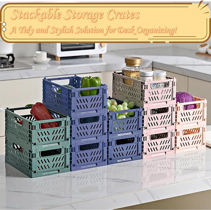 3Pcs Stackable Storage Bins with Handles Collapsible Plastic Crates | 7.5L Colorful Foldable Crate Large Baskets Truck Containers Fold Up Organization for Bathroom Desk Kitchen Office Home