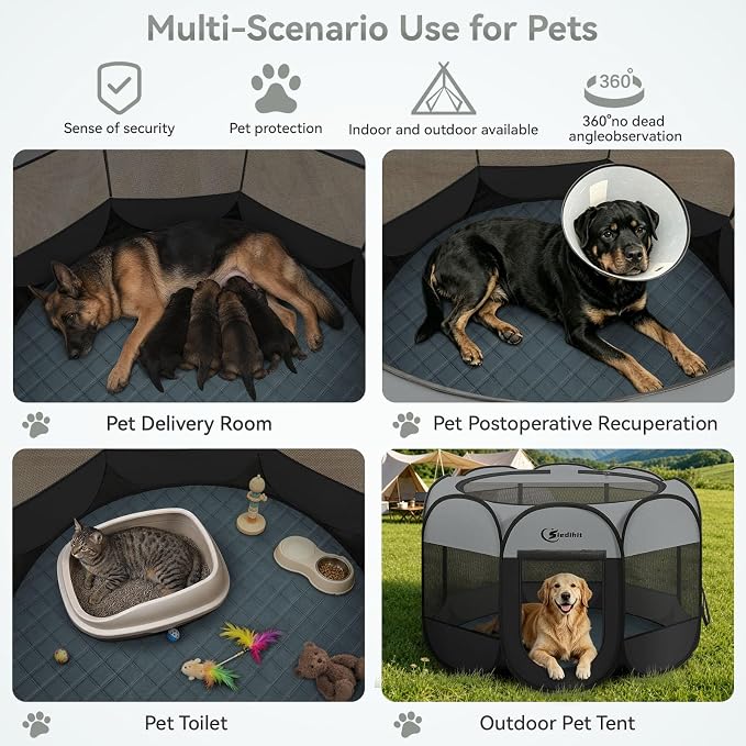 Siedihit Dog Playpen with Washable Pee Pad, Dogs Tent Crate Cage | Indoor/Outdoor, Portable Pop Up Dog Kennel with Carrying Bag for Rabbits (Dark Grey with Pad, Extra Large)