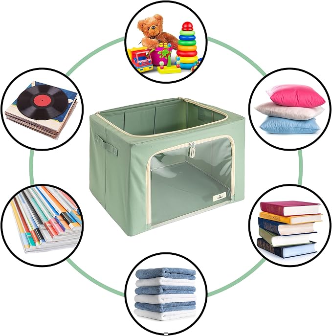Sorbus Clothing Storage Bins with Clear Window, Metal Frame (2 Pack, Teal) | Oxford-fabric containers with carry handles stack neatly to organize bedding and linens in closets and laundry rooms.