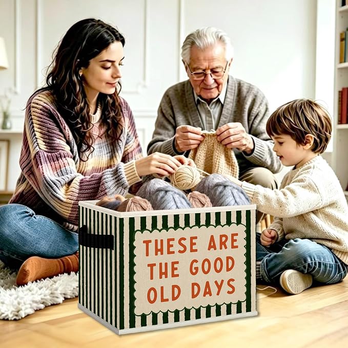 Inspirational These Are Good Old Days Cube Storage Bins with Handles, Green Striped Motivational Collapsible Fabric Storage Basket Boxes Books Clothes Organizer for Bedroom Bathroom