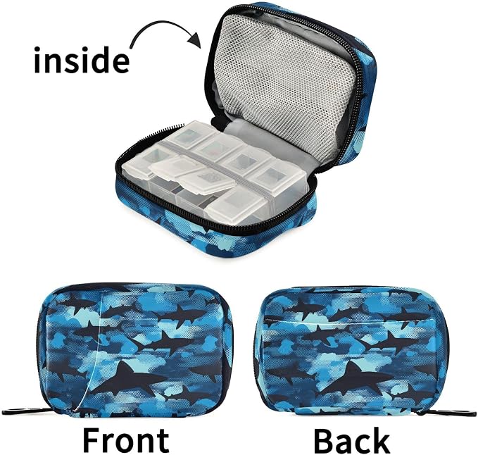 Fustylead Blue and Black Shark Camouflage Pattern Travel Pill Organizer Case Zipper for Purse with Removable Weekly Pill Box for Medicine, Vitamin, Supplement Medicine Organizer
