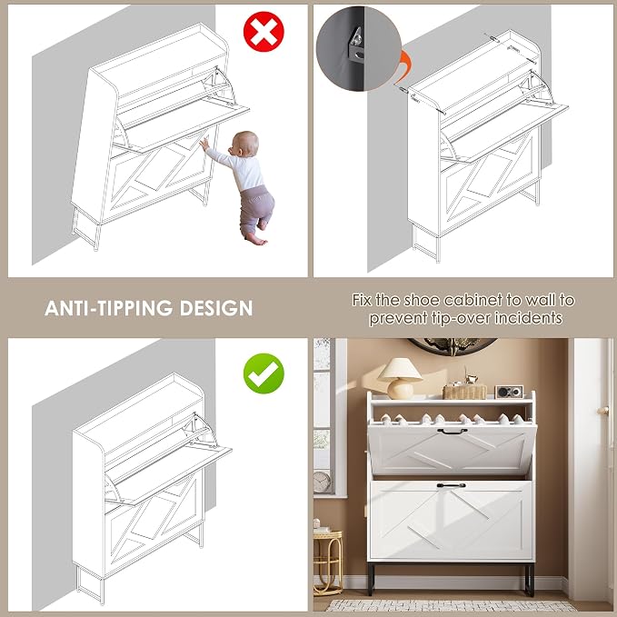 Shoe Storage Cabinet with 2 Flip Drawers, Freestanding Shoe Organizer, Shoe Cabinet with Metal Legs, Narrow Shoe Rack Cabinet, Farmhouse Slim Shoe Cabinet for Entryway, Foyer, Hallway, White