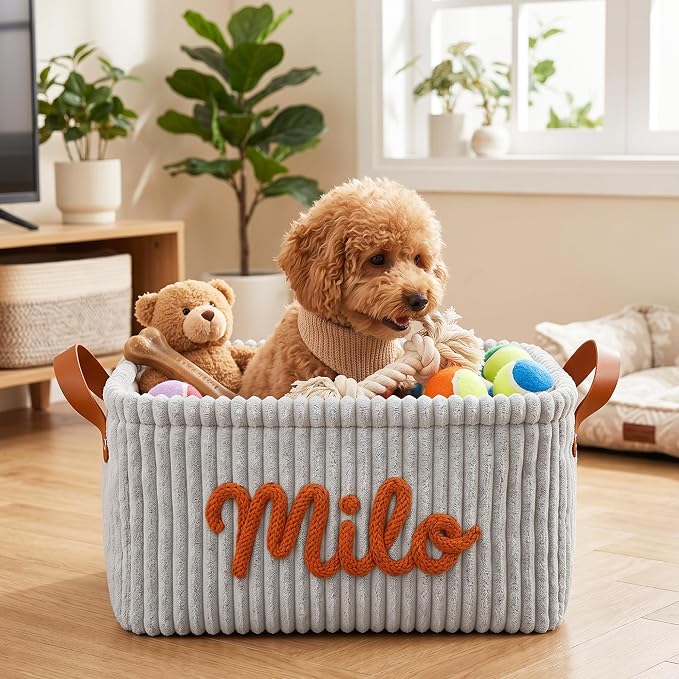 EAQ Personalized Dog Cat Toy Storage Basket Custom Pet Organizer Bin with Name, Pet Toy Box for Dog Accessories, Treats & Supplies