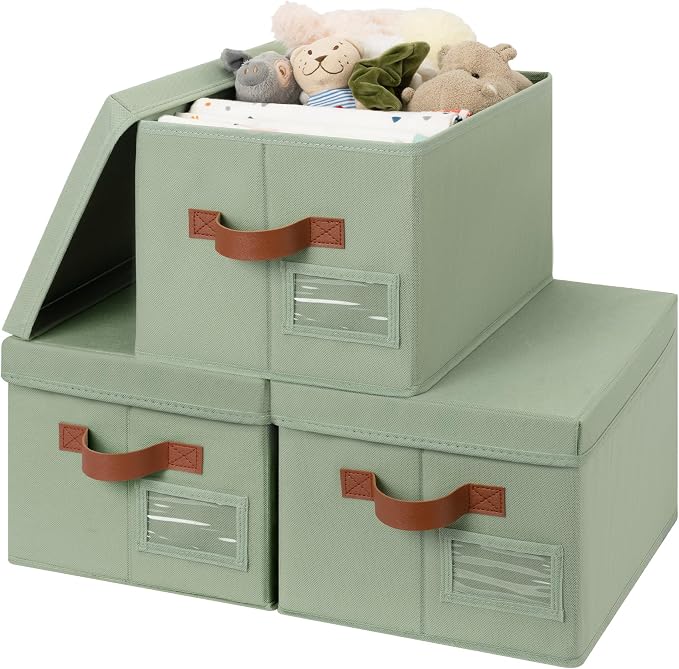 GRANNY SAYS Storage Bins with Lids, Decorative Storage Boxes with Lids | Storage Box with Dust Cover, Handles & Lable, Collapsible, Ideal for Closet Clothes Blanket Toys, Medium, Green&Brown, 3-Pack