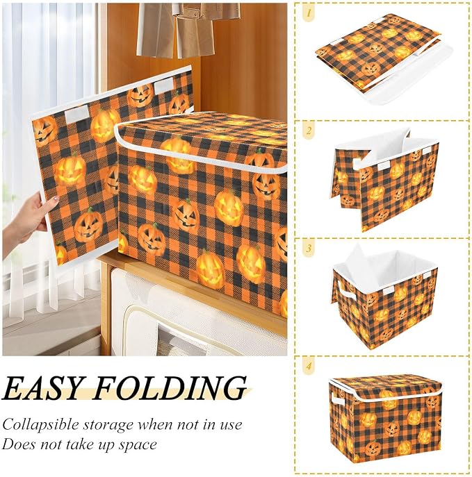 Storage Bins with Lid Halloween Pumpkin Foldable Storage Boxes 40L Baskets | Decorative Storage Boxes, 300D Oxford Cloth, Hollow Board Frame, Flip Top Velcro Lid, 16.5x12.6x11.8 inch, Collapsible Design